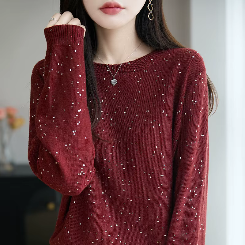 Pull tricoté français à paillettes brillantes pour femmes, ample, amincissant, manches longues, tric