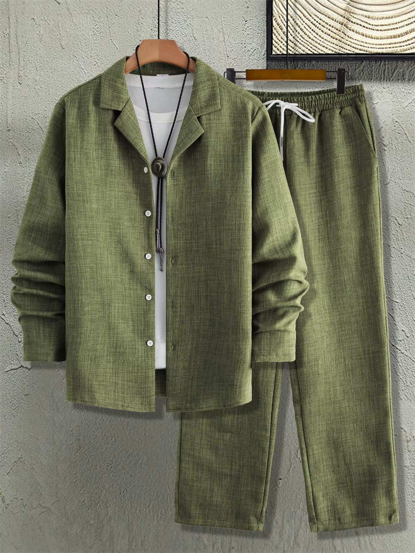 Ensemble vert armée texturé à revers cranté | Chemise ample à manches longues et pantalon droit,