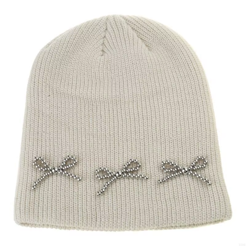 Chapeau tricoté chaud pour femmes, garçon fille, automne hiver, chapeau à nœud perlé, Y08E