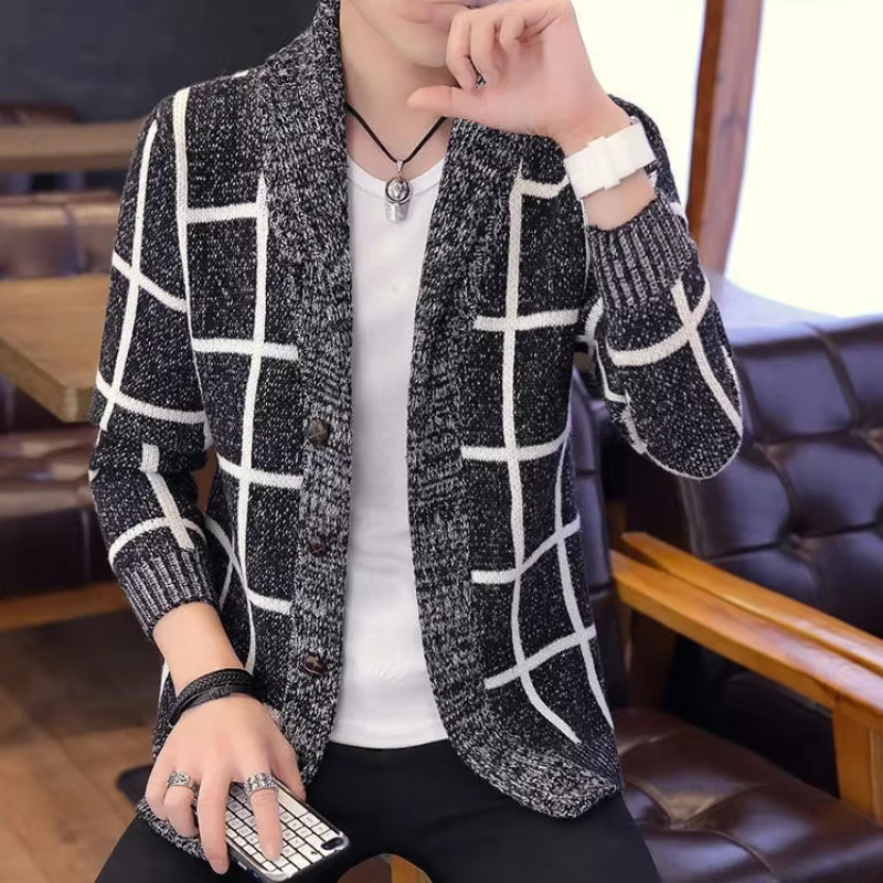 Cardigan tricoté pour hommes, vêtements sans capuche, Patchwork à carreaux, produits les plus vendus