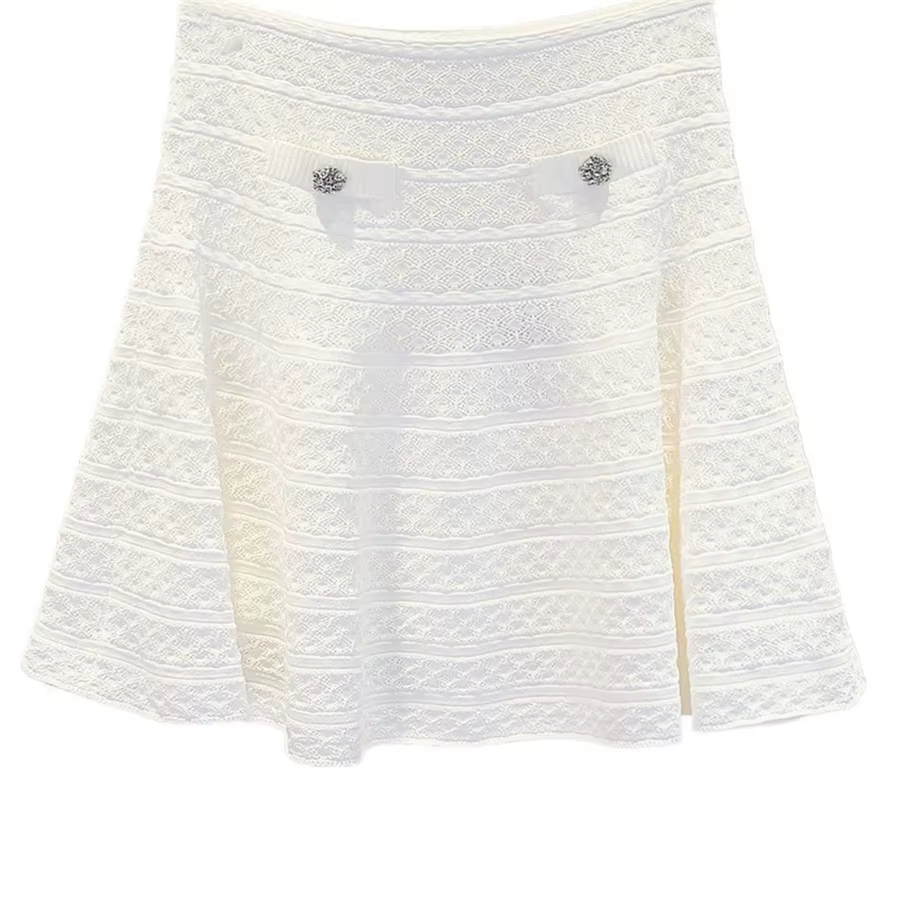 Pull-over blanc à boucle diamantée pour femme, cardigan court ajouré à volants ou mini-jupe trapèze