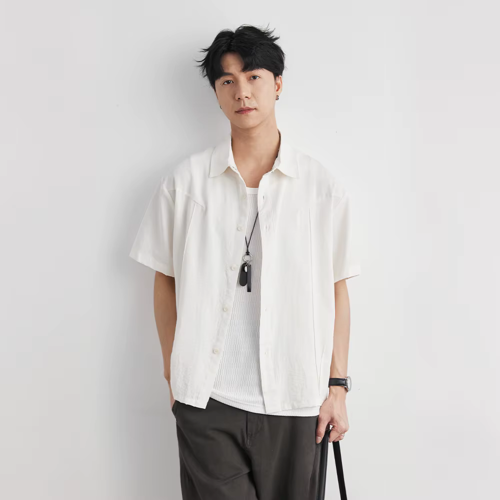 Chemise décontractée pour homme à col cubain, manches courtes, légère et simple, style japonais, cou