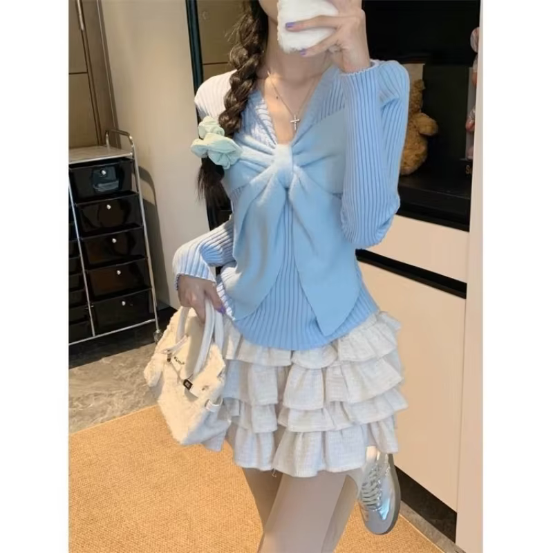 Style coréen doux tricoté pulls femmes élégant Kawaii arc blanc chandails Harajuku mignon bleu à man