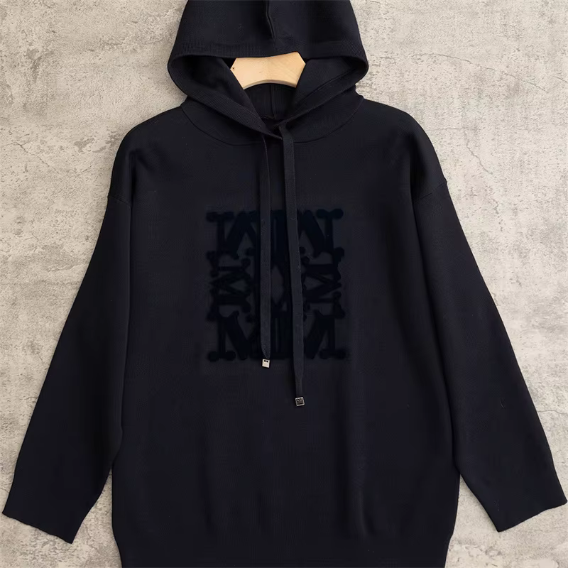 Lettre Jacquard femmes tricot pull à capuche 100% laine 5 couleurs ample décontracté dame cordon pul