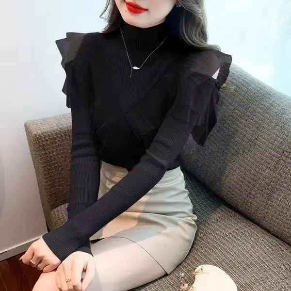 Pulls pour femmes rose Coquette coupe ajustée épissage maille femmes pull en tricot col roulé vêteme