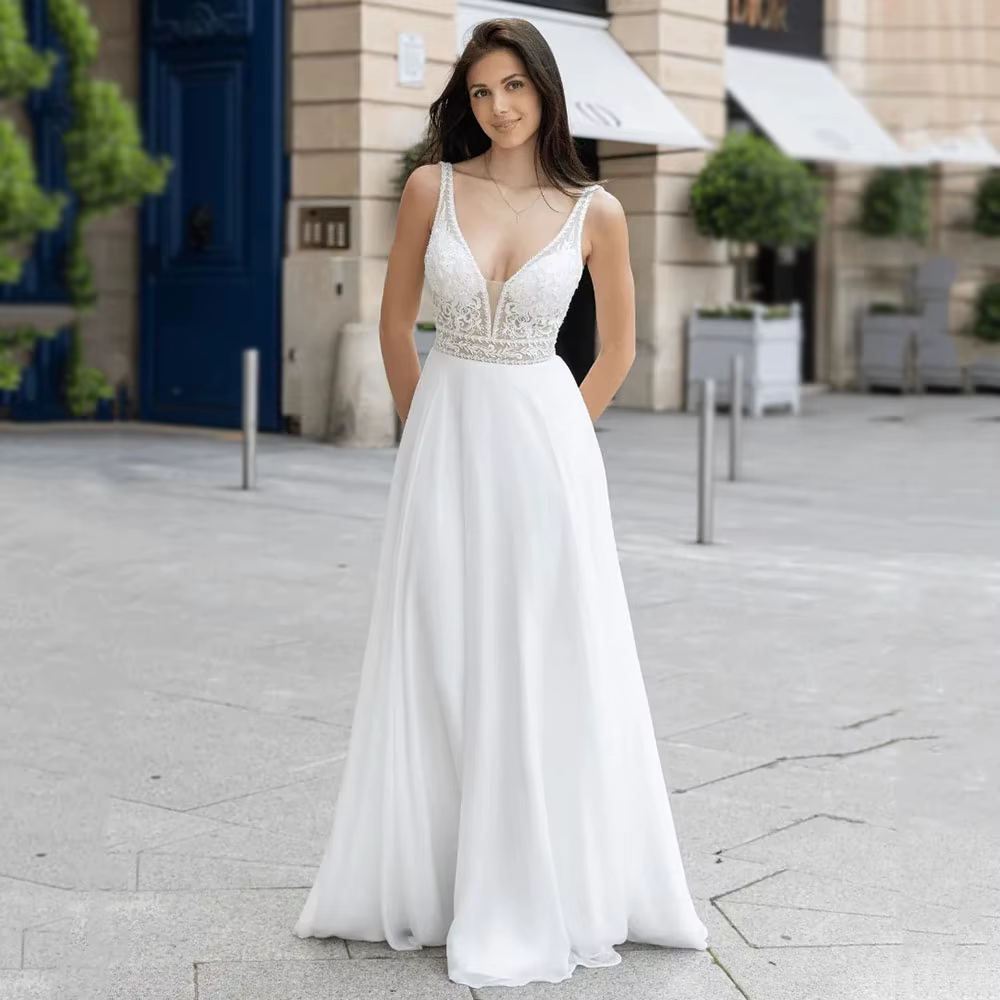 Robes de mariée en dentelle à col en V et coupe trapèze, avec appliques, sans manches, dos nu, pour