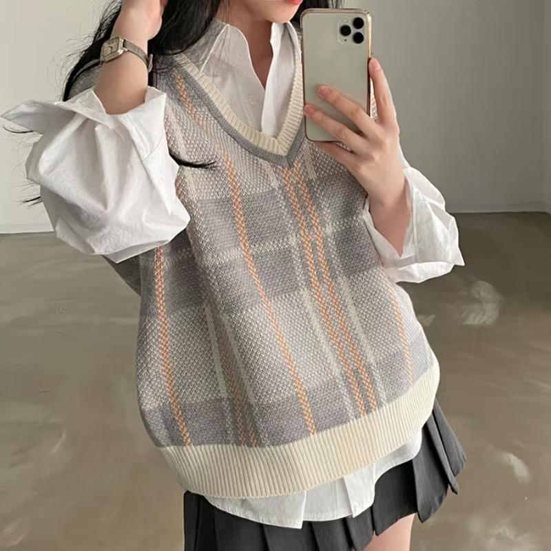 Vintage col en v Plaid Pull gilet femmes automne hiver Vintage tricot chandails Pull ample coréen tr