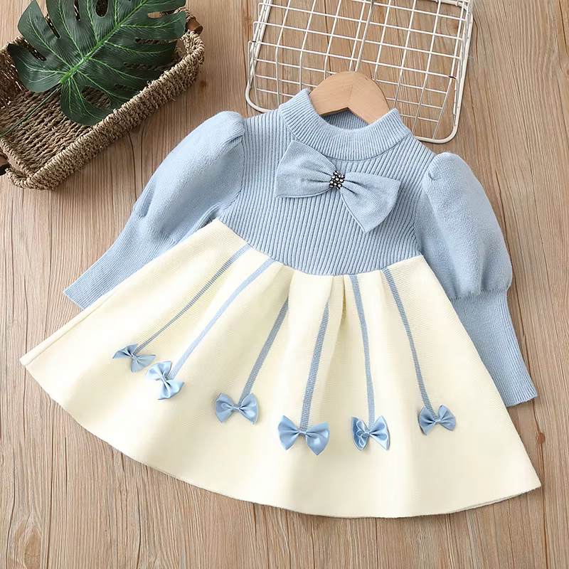 Robe pour enfants, pull en tricot à col roulé, manches bouffantes, grand nœud décoratif, couleur crè