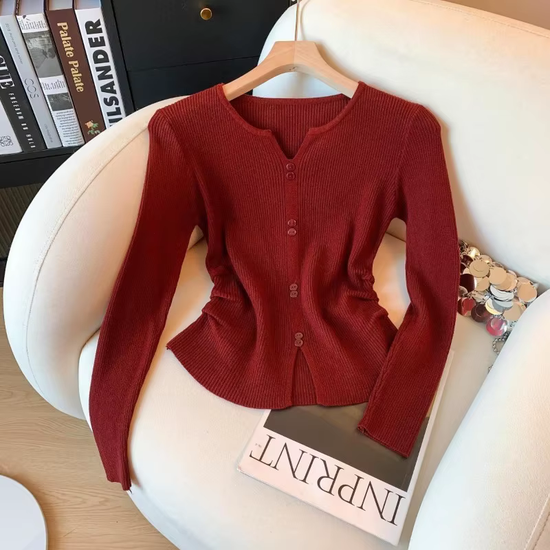 Pull français fendu à col en v pour femmes, nouveau Style, intérieur ajusté, cintré à la taille, bas