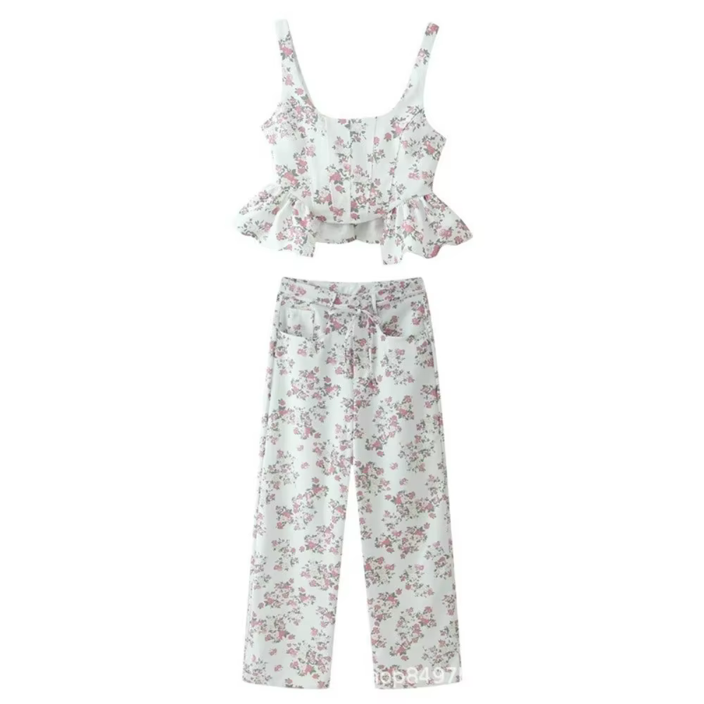 Ensemble pantalon et gilet sans manches pour femme, chic, imprimé floral, avec haut court à volants,