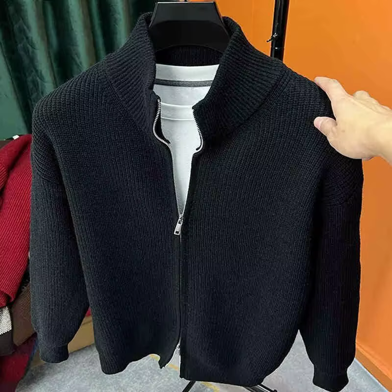 Pull en maille ajusté à fermeture éclair et manches longues pour homme, col montant, mode automne-hi