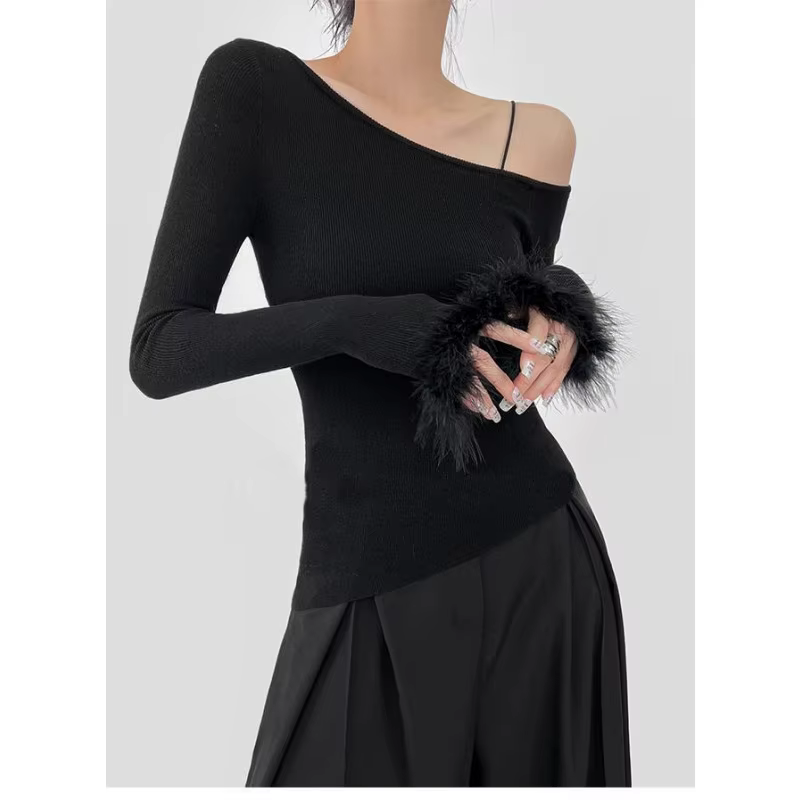 T-shirt à manches longues et col asymétrique pour femme, épaules dénudées, haut à manches en fourrur