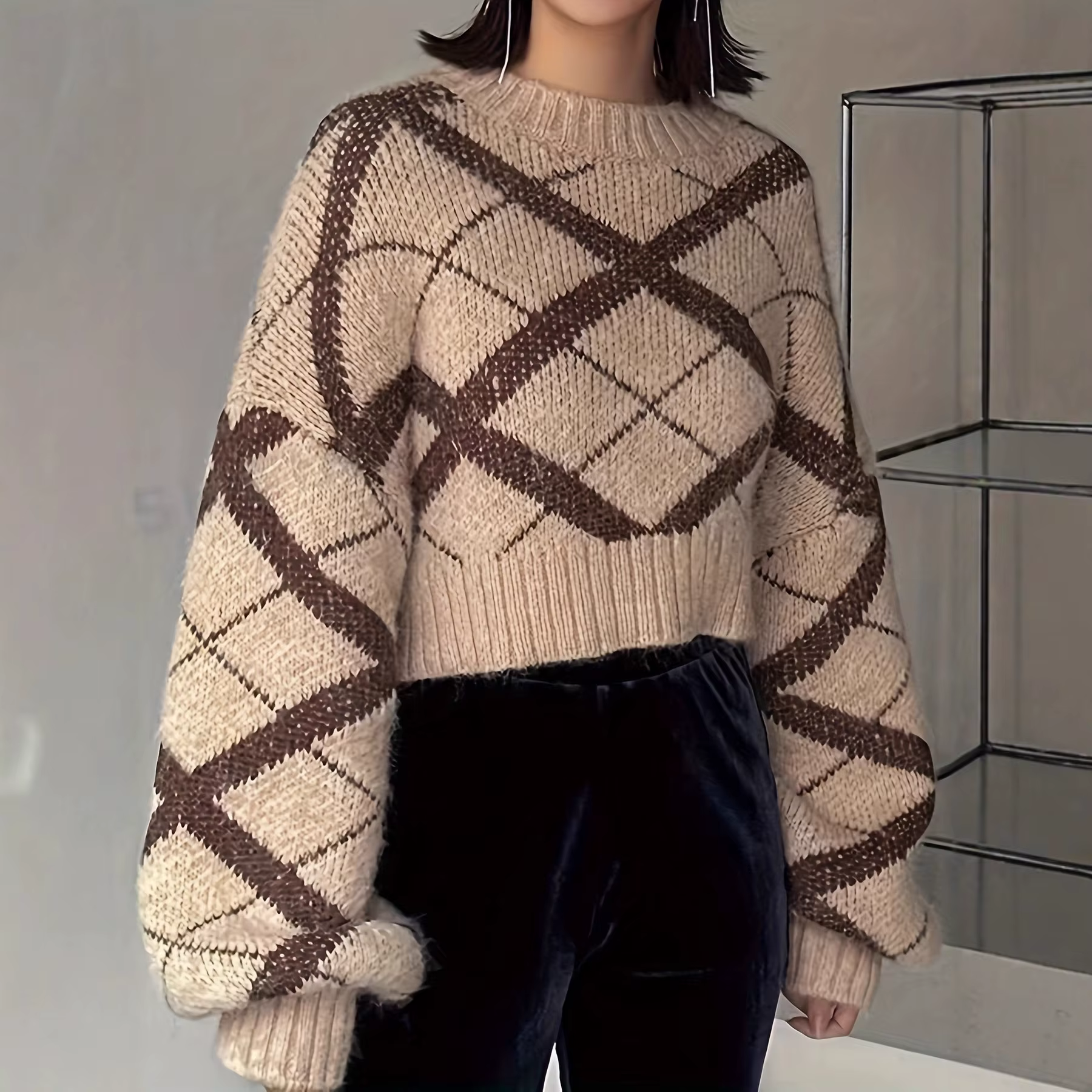 Pull tricoté au Crochet de couleur contrastée pour femme, ample, rétro, Design polyvalent, tendance,