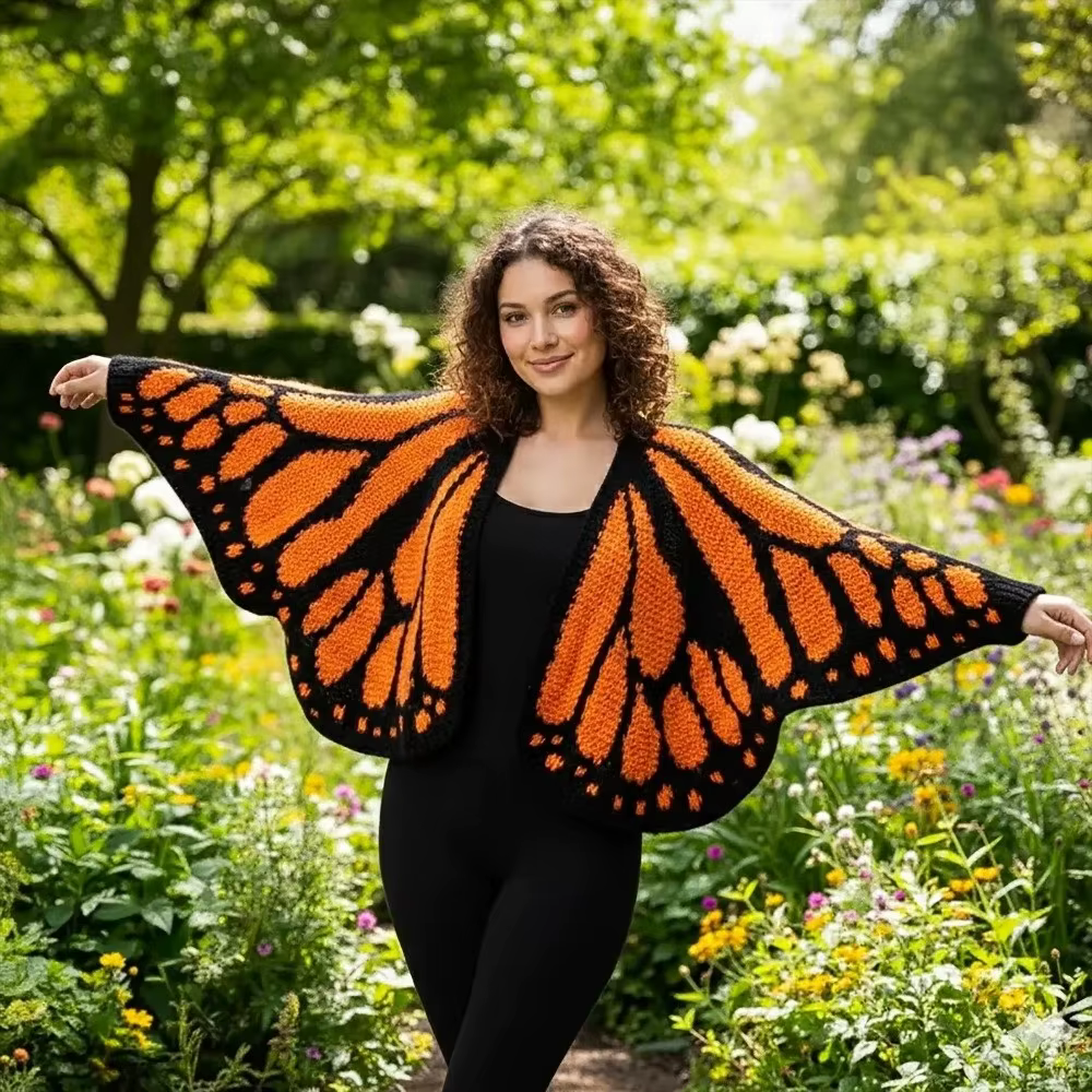 Cardigan en tricot au crochet motif papillon monarque, doux et respirant, pour rester au chaud avec