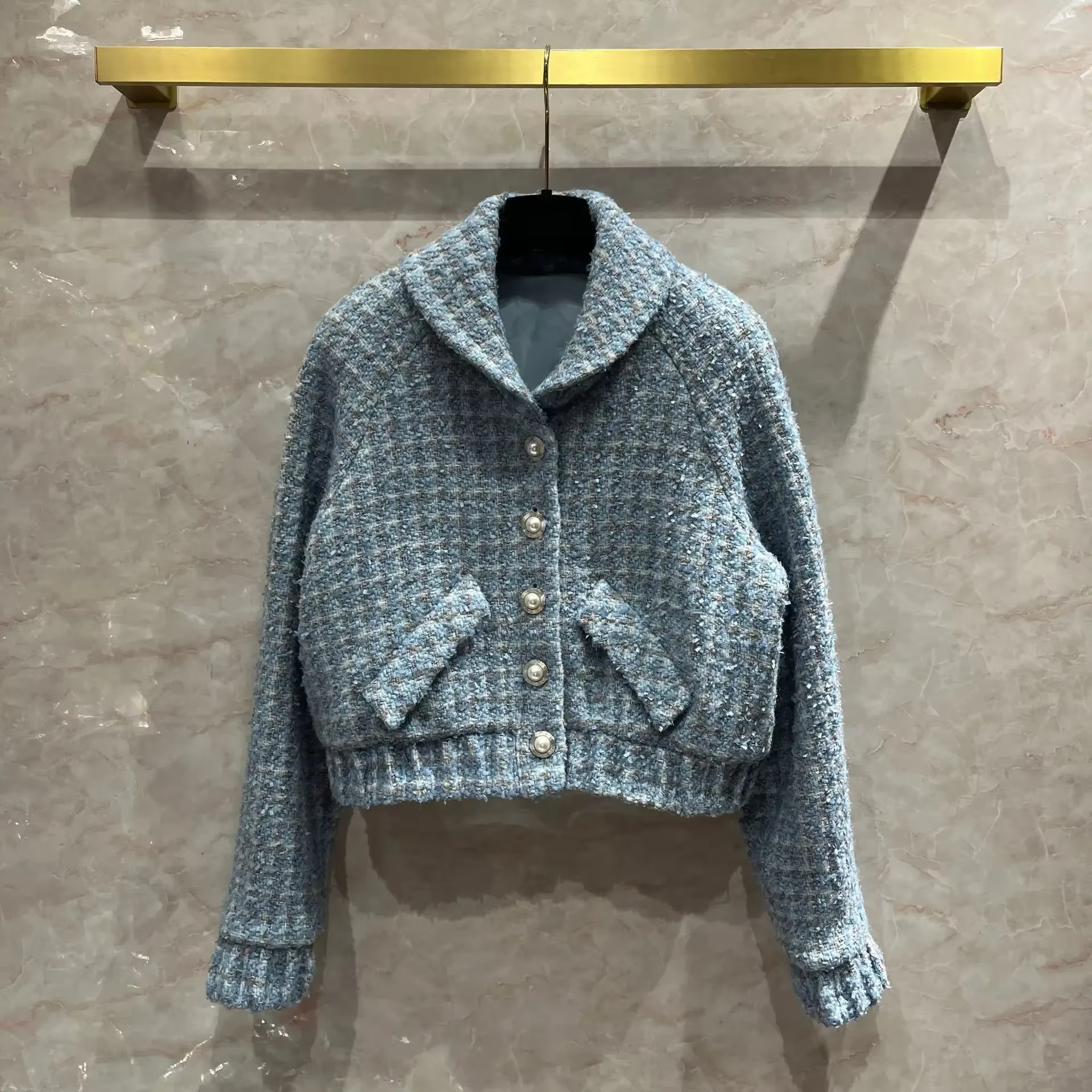 Nouveau manteau en tweed bleu à carreaux avec col rond tissé, veste courte en laine haut de gamme po