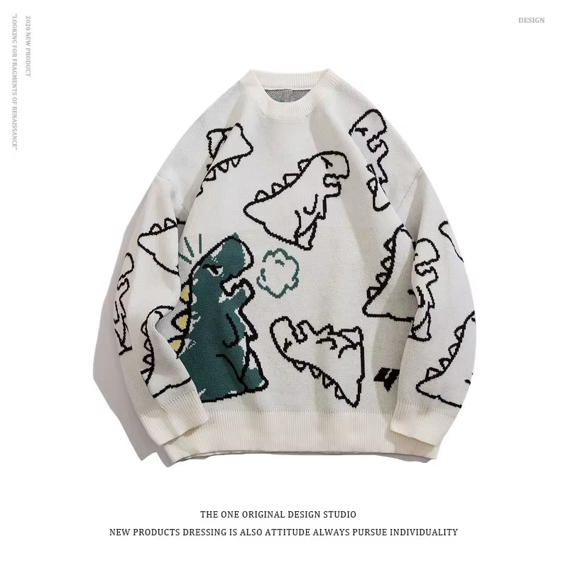 Pull Surdimensionné à Manches sulfet Col Rond pour Femme, Couleur Unie, Imprimé Dinosaure, Style Déc