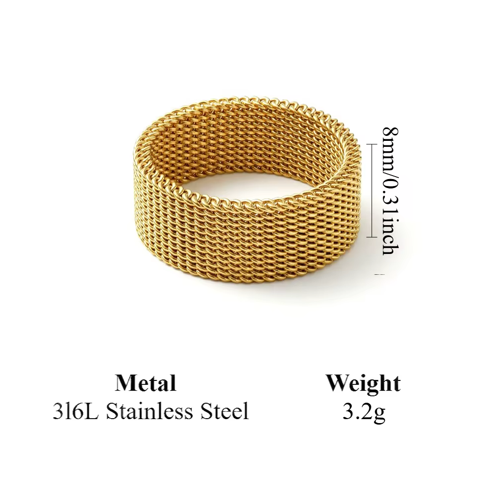 Bague chaîne en maille plaquée or en acier inoxydable 2026 pour femme, style bohème, large, épaisse