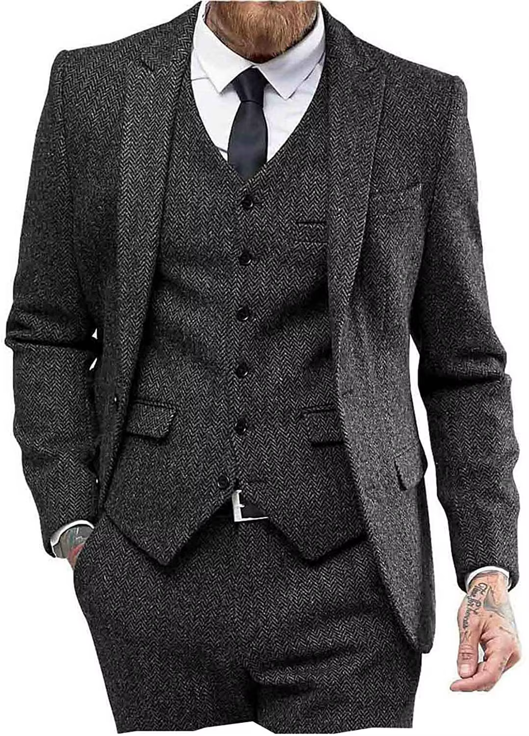 Costume rétro à chevrons pour homme, ensemble de smoking vintage élégant, 3 pièces, blazer, gilet et