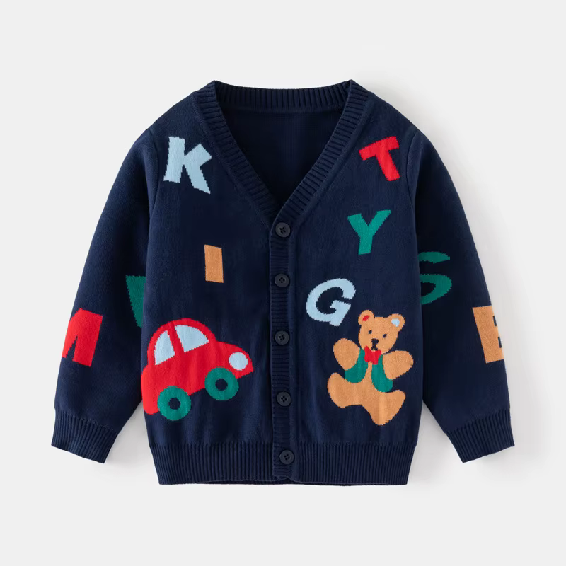 Cardigan à manches longues et col en V pour enfants, pull avec motif d'ours de voiture, manteau à la