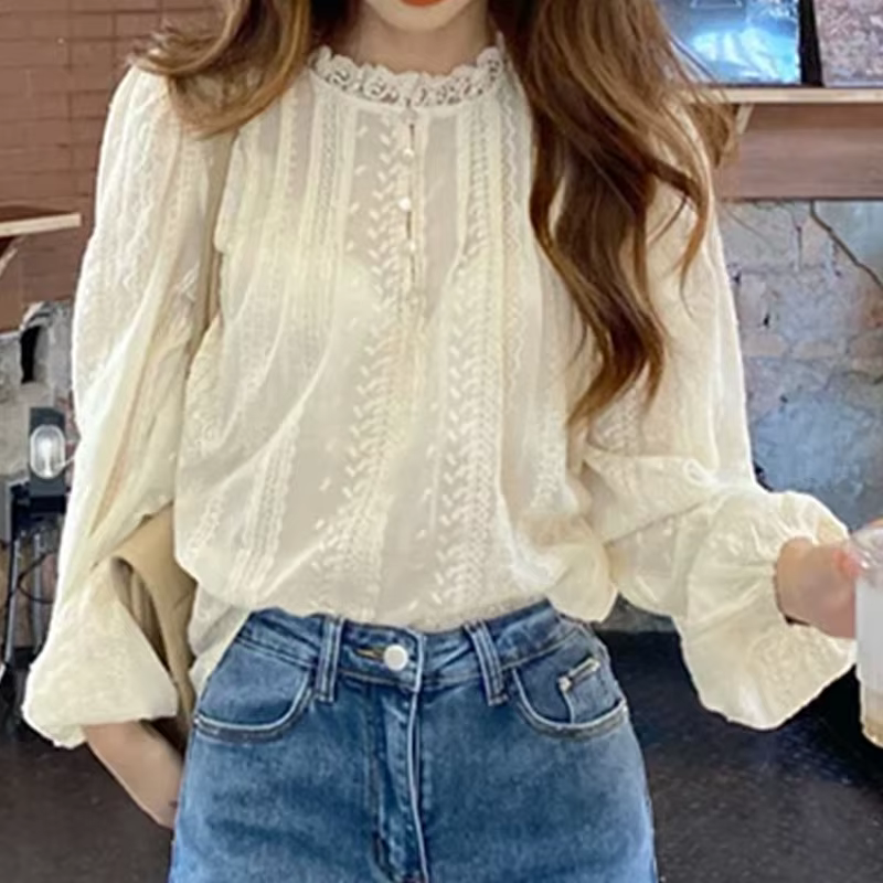 Chemisier Vintage Brodé en Dentelle Printemps-Été pour Femme, Col Montant, Manches Longues Bouffante
