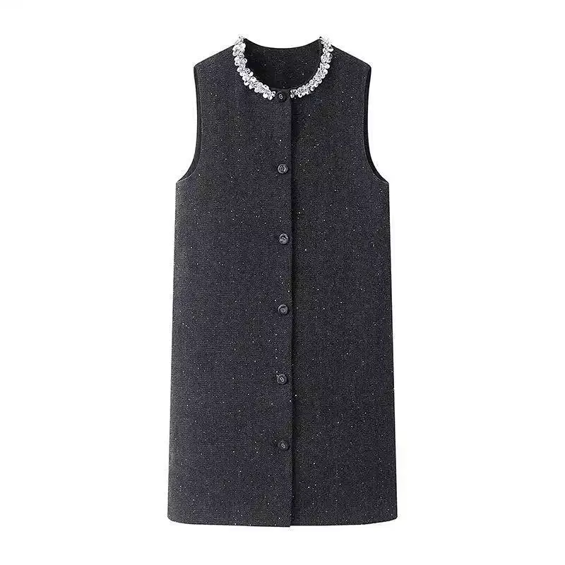 Gilet long en tweed pour femme, sans manches, avec col en cristal perlé, boutons sur le devant, robe