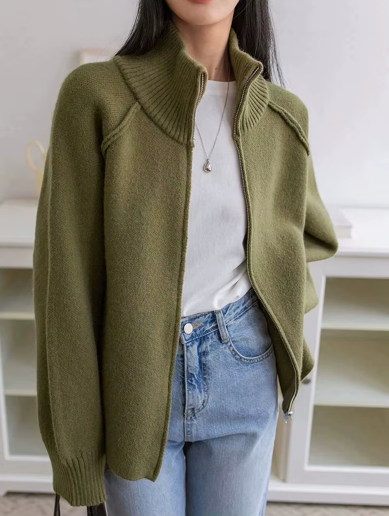 Cardigan en maille douce et épaisse pour femme, style décontracté, avec fermeture éclair et col mont