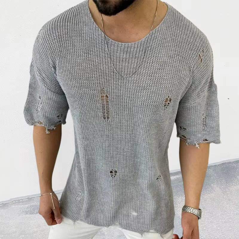 Pull fin à manches courtes et col rond pour hommes, chemise en tricot Amissié, t-shirt décontracté, 