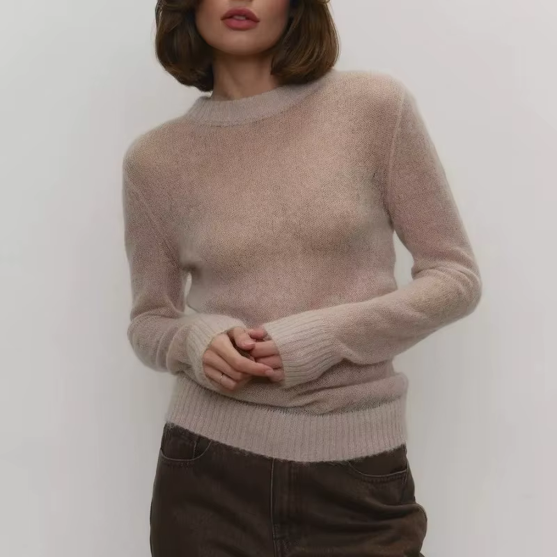 Pull à manches longues et col rond pour femme, ample, tendance, en tricot, haut solide, décontracté,