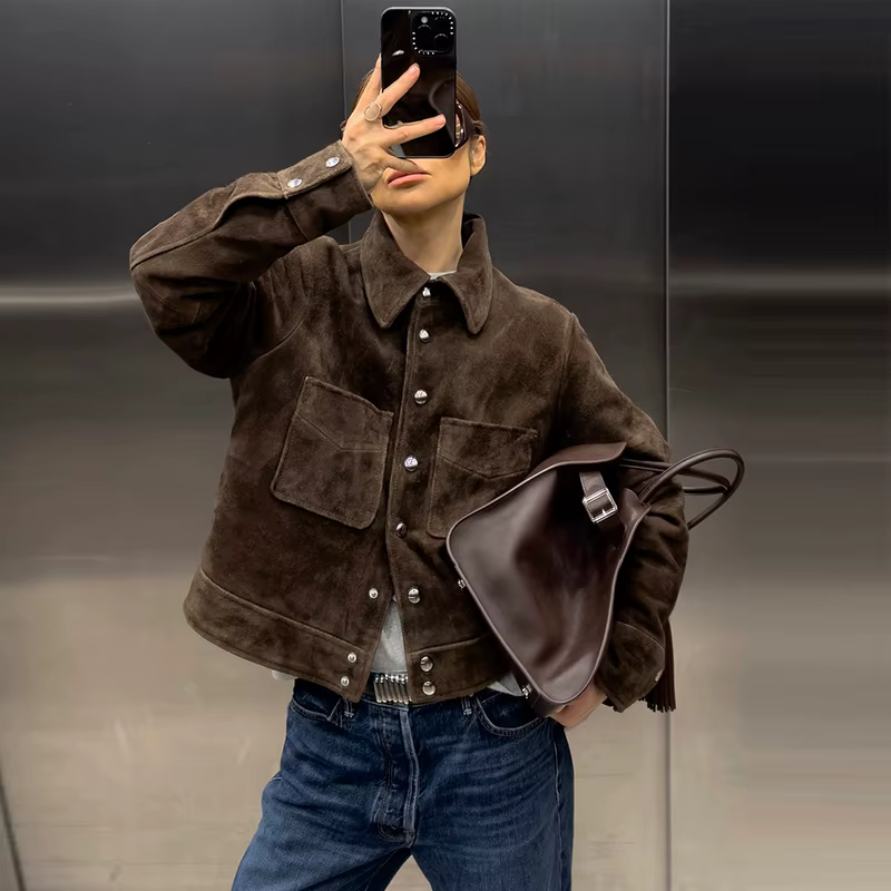 Veste en daim à col rabattable manteau court rétro marron vestes en cuir à simple boutonnage bouton