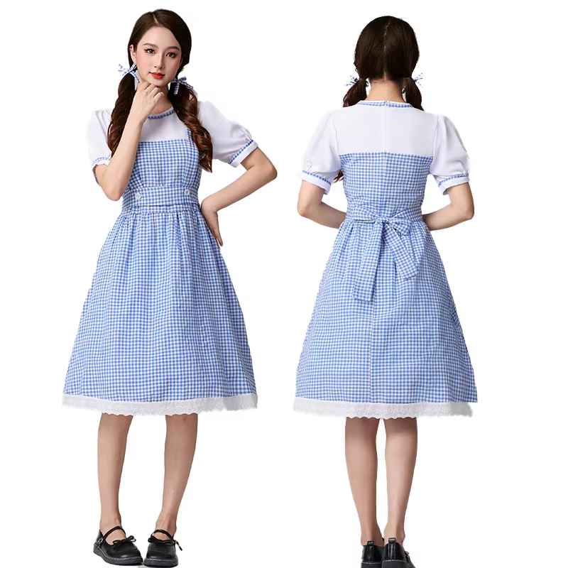 Costume de cosplay de style campagnard, uniforme de femme de chambre à carreaux bleus frais, fibre d