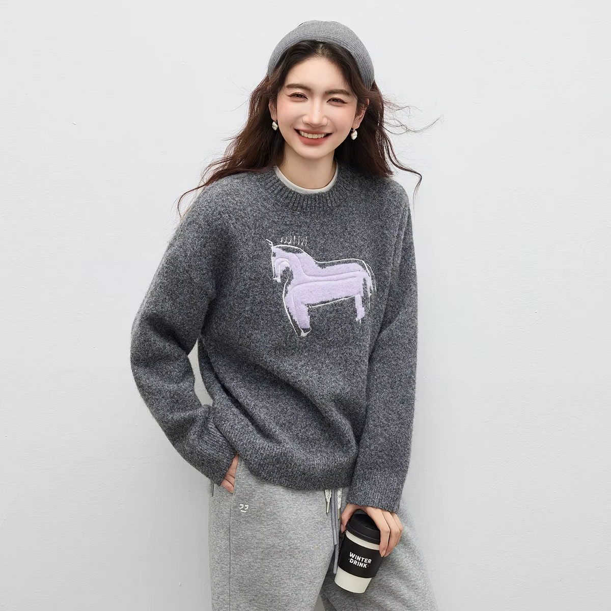 SENTUBILA femmes pull laine mélange hauts en tricot contrasté brodé col rond épaule ample élastique