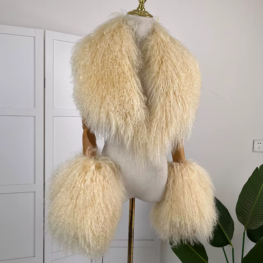 Col et poignets en fourrure de mouton véritable pour manteau femme, accessoires en fourrure détachab