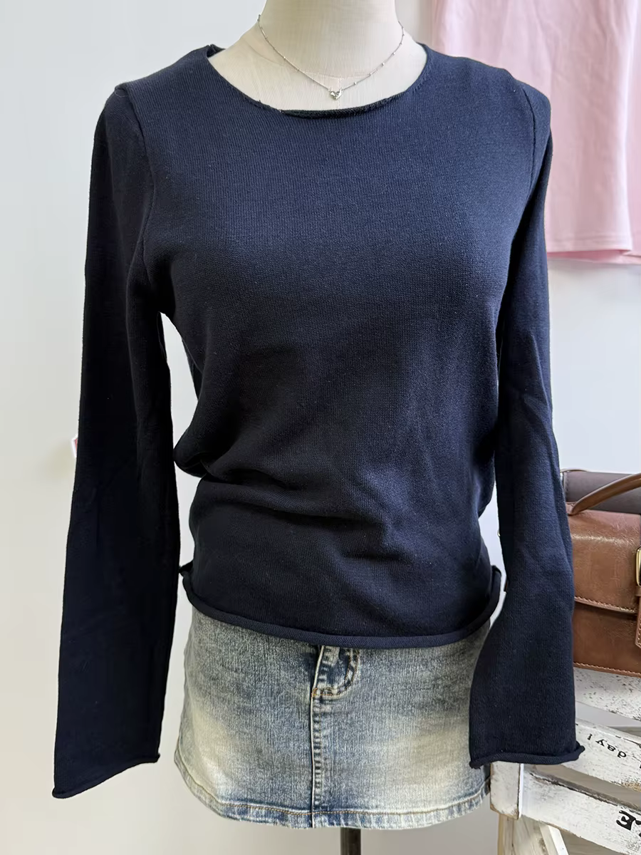 Économie tricotés en coton bleu marine pour femmes, Streetwear décontracté, T-shirt à manches longue