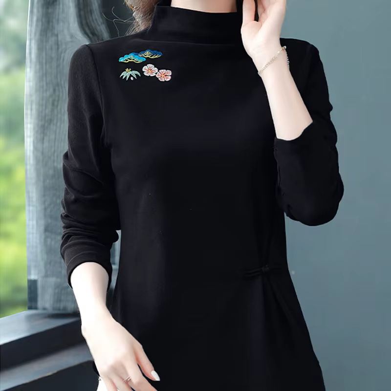 Pulls brodés vintage pour femmes, T-shirt à col mi-haut, mode décontractée, folklorique chinois, con