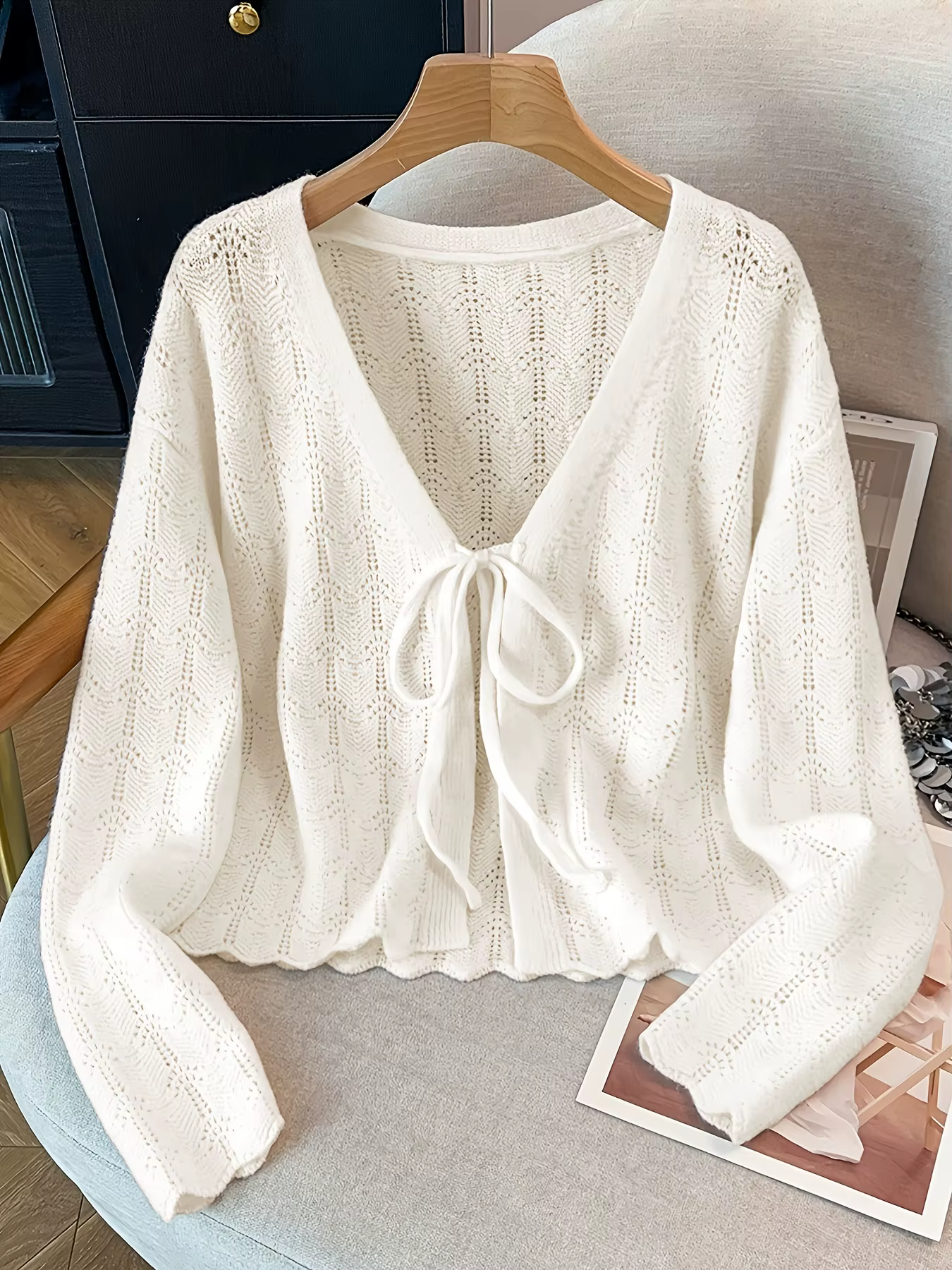Cardigan en tricot élégant pour femmes, avec nœud à l'avant, couleur unie, doux, décontracté, pour l