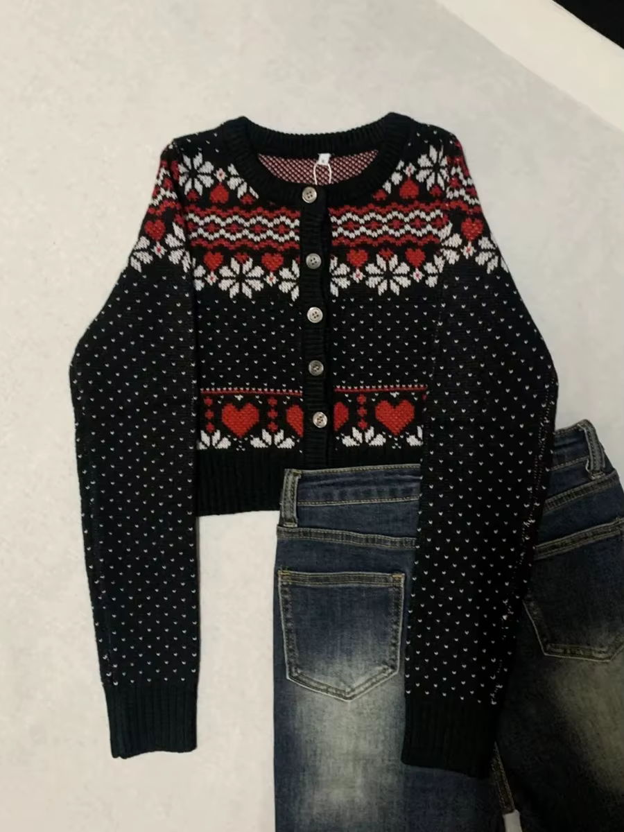 Vintage Fair Isle Jacquard tricoté Cardigan femmes automne boutons à manches longues recadrée pull m