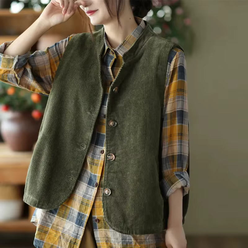 Gilet en velours côtelé pour femme, nouvelle version coréenne printemps-automne 2026, manteau sans m