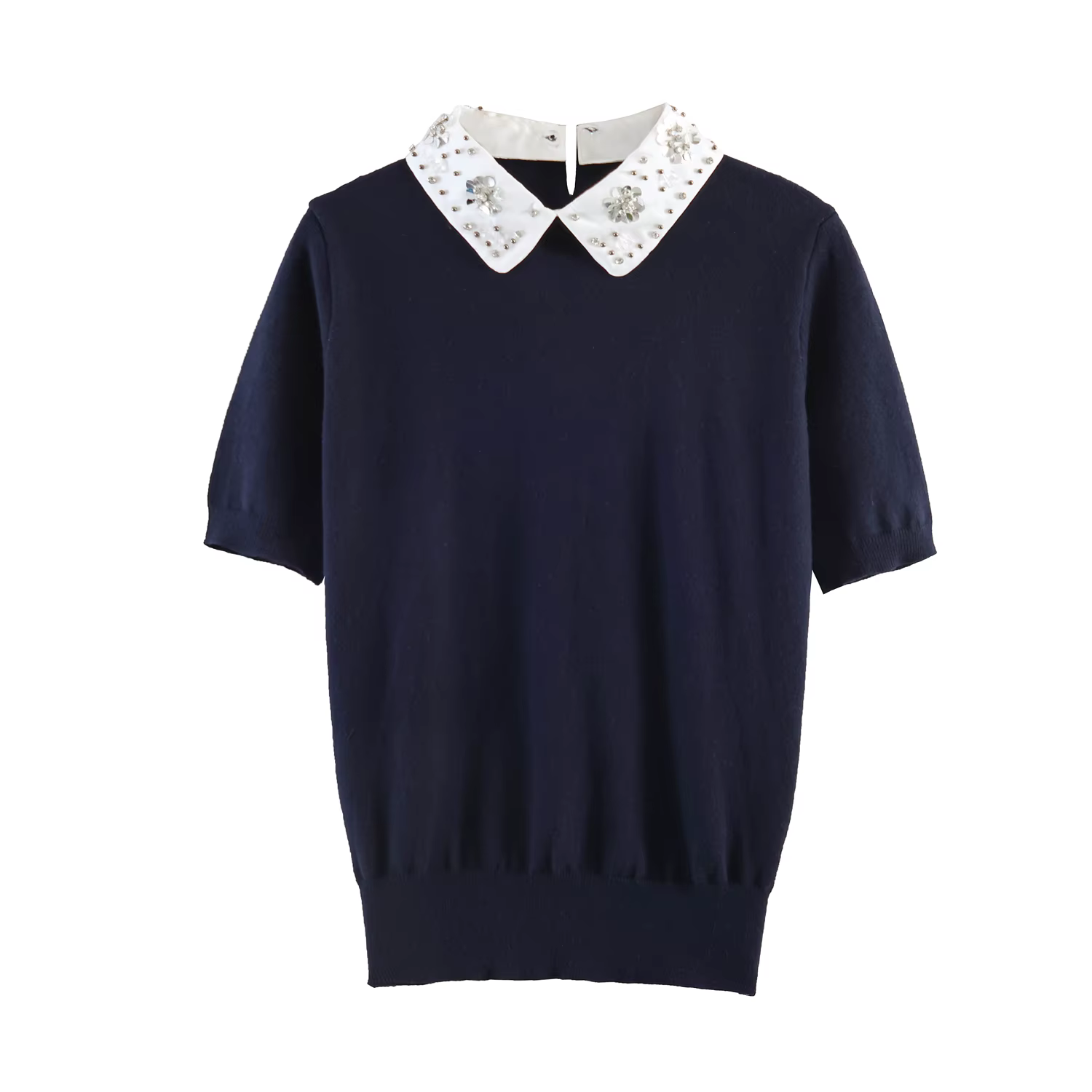 Pull en tricot à col français à manches courtes pour femme, nouvelle collection été, avec décoration
