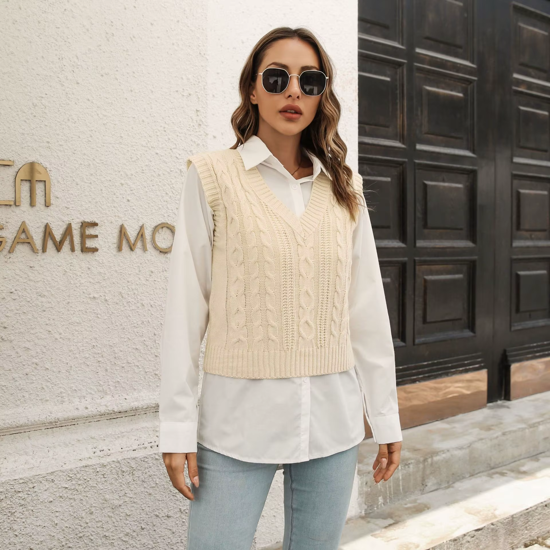 Gilet pull femme col en V en tricot beige, gilet pull femme bleu clair à motif torsadé, pull sans ma