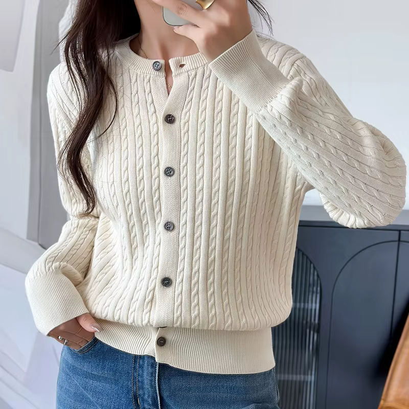 Cardigan tricoté en pur coton pour femme, nouvelle Collection automne hiver 100%, pull torsadé à fle