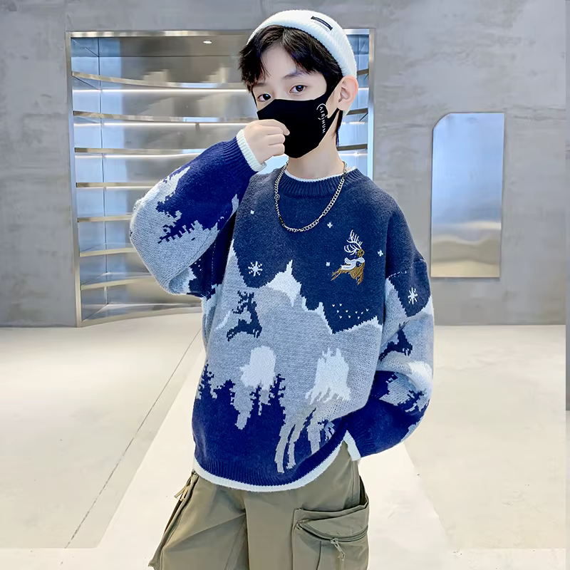 Children Autumn Winter Christmas Sweater for Tween Boy Casual Deer Pattern Knitwear Kids Sylish New