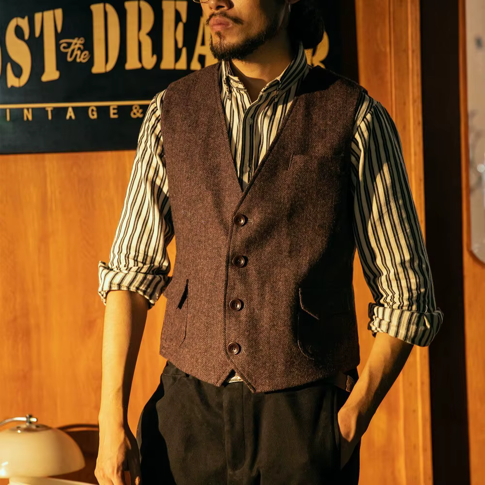 Automne et hiver chevrons Tweed britannique rétro gilet européen et américain rétro kaki laine costu