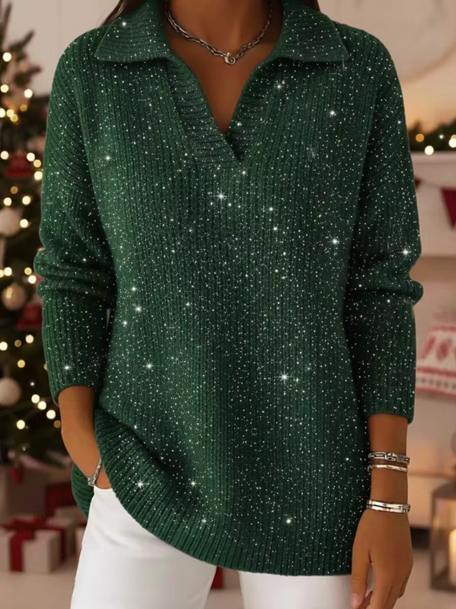 Mode paillettes pull dame décontracté tricot à manches longues col en V pull chandails hauts pour le