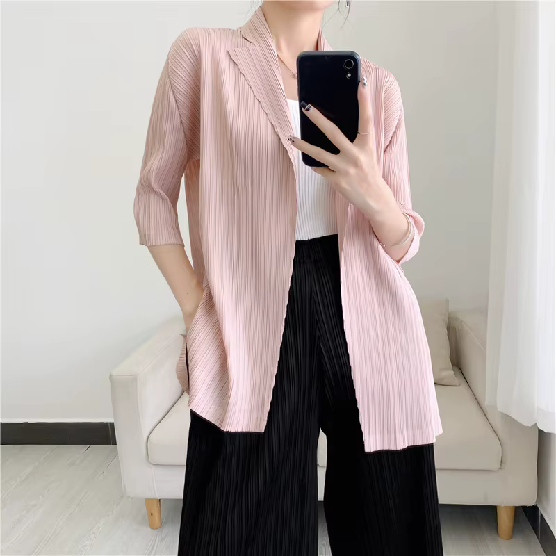 Miyake plissé couleur unie Cardigan hauts T-shirt pour femmes été nouvelles chemises et chemisiers a