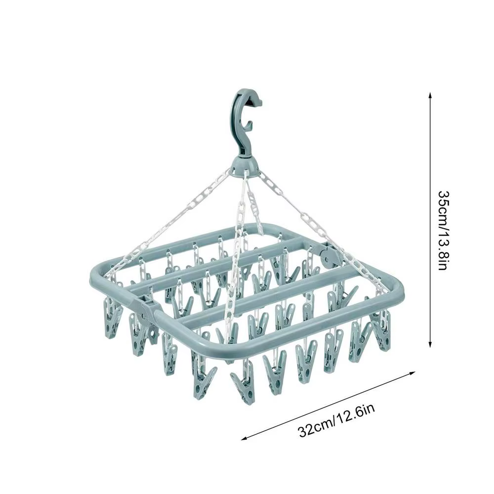 Séchoir à sous-vêtements pliable avec 32 pinces pivotantes anti-vent pour chaussettes et sous-vêteme