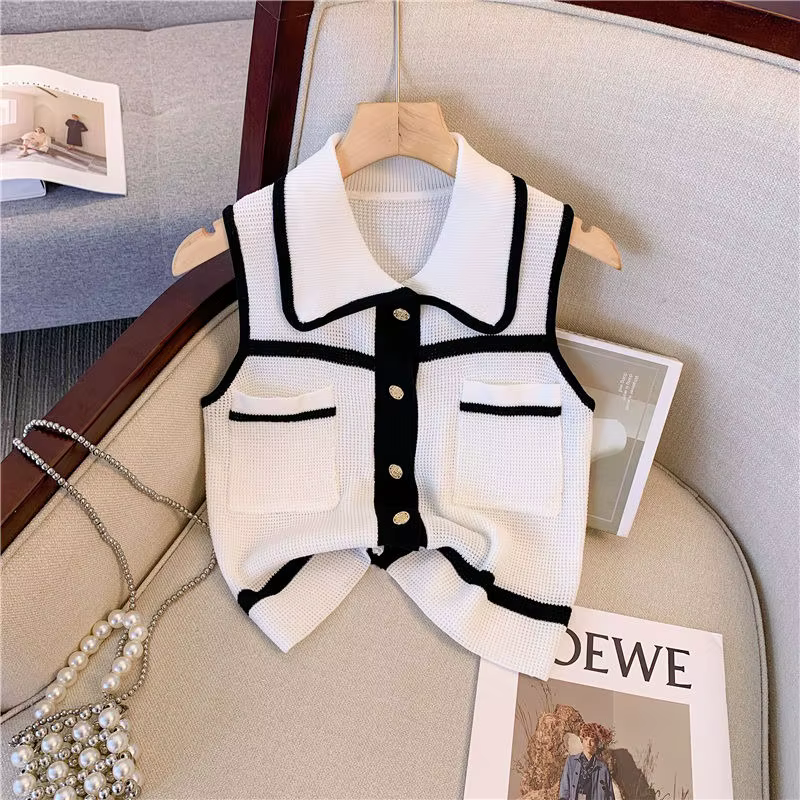 Débardeur tricoté court sans manches à col polo et boutons dorés pour femme et adolescente, tendance