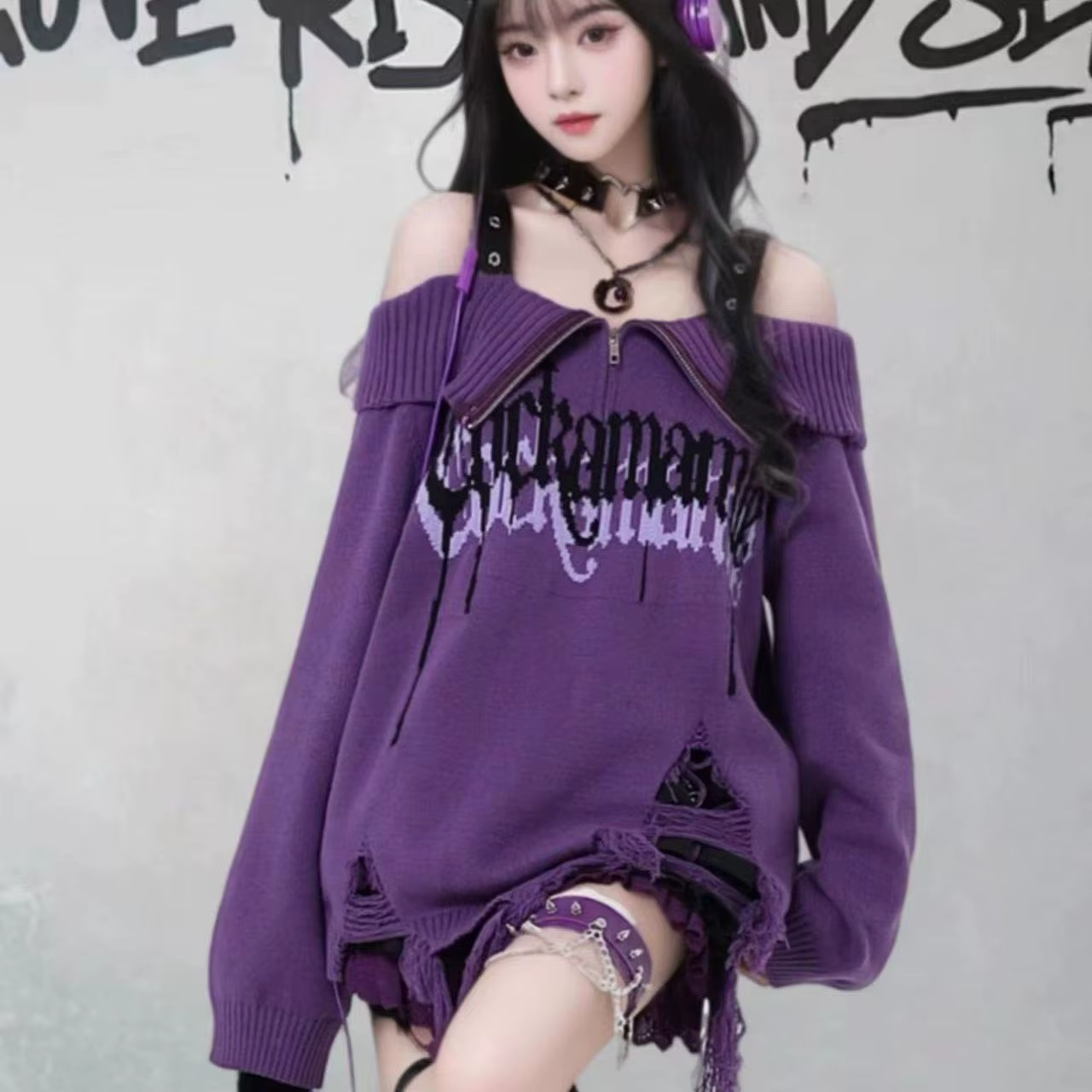 Pull à épaules design trou de sous-culture pour femme, haut tricoté violet, ample, pour bébés y2k, a