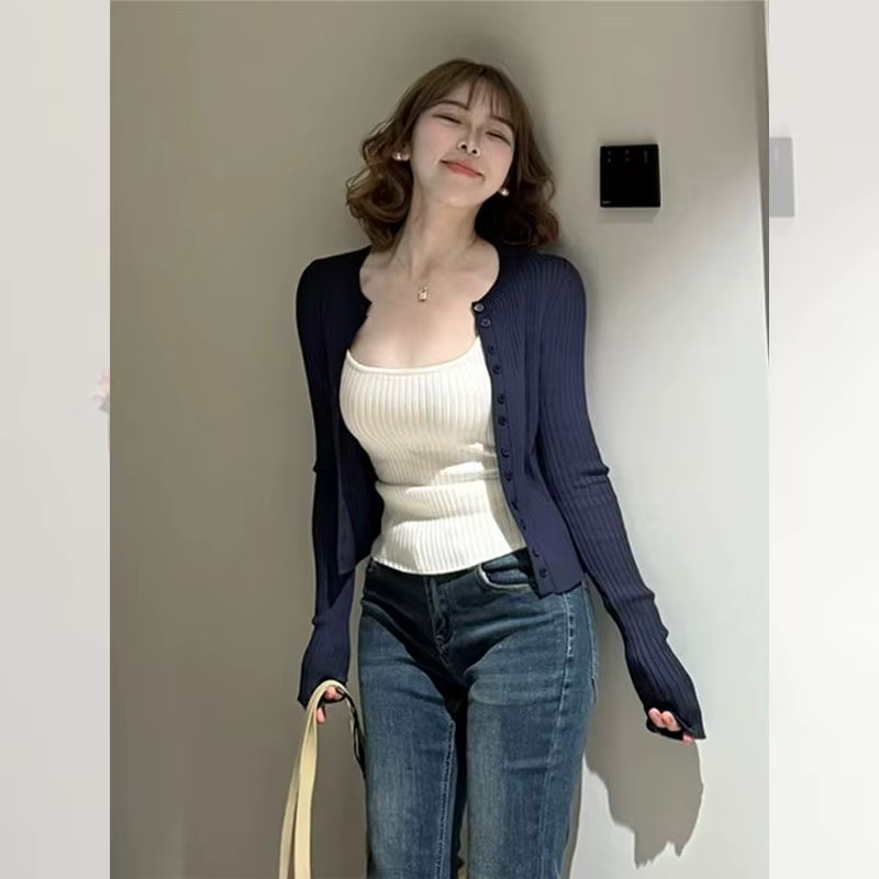 Cardigan tricoté à manches longues bleu marine, vêtements pour femmes, veste de Style coréen, bouton