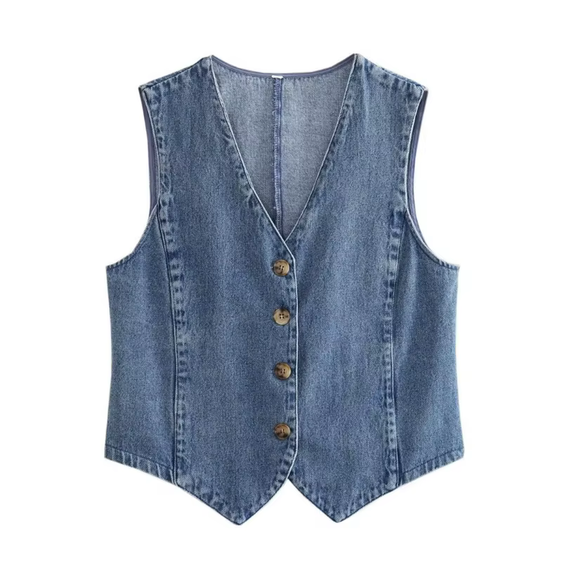 Veste en jean à simple boutonnage à col en V irrégulier pour femme, manteau basique chic, bleu denim