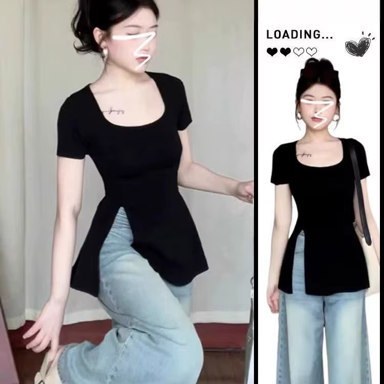 T-shirt noir à manches courtes et col carré pour femmes, nouveau Style d'été, Unique et beau, haut f